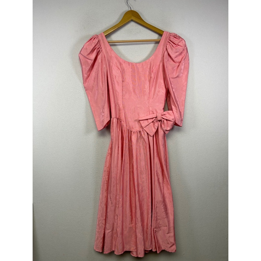 80s Barbiecore Vintage Womens S Pink Jacquard Puff Sleeve Bow Back Party Dress